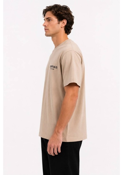Hzr Wear Erkek Enjeksiyon Baskılı Basic Tişört Bisiklet Yaka Regular Fit %100 Pamuk Bej