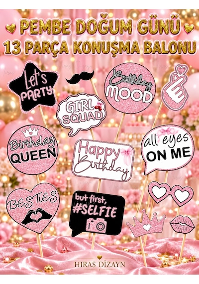 Hiras Dizayn Pembe Doğum Günü Konuşma Balonu Seti 13 Parça Standart