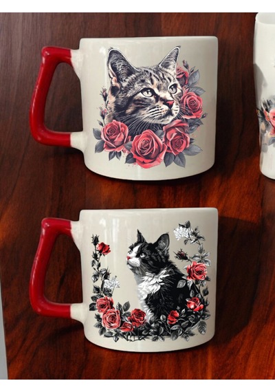 Çiçekli Tatlı Kedi Baskılı 2'li Kahve Bardağı Seramik Kupa - Seramik Çay, Kahve Hediyelik Bardağı Beyaz