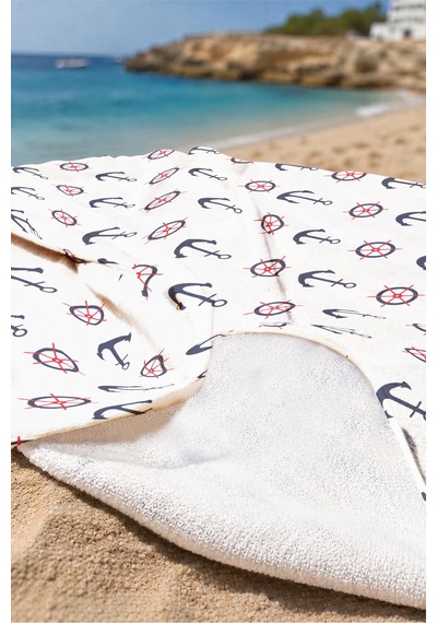 Çapa Dümen Marine Plaj Havlusu - Beyaz Lacivert Kırmızı Nautical Hızlı Kuruyan Mikrofiber Havlu Eski Bulut