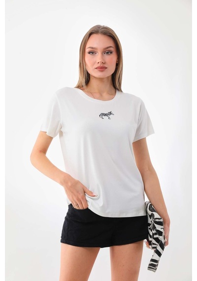 Sistas Kadın Zebra Desenli Kısa Kol Bluz 23118 Ekru