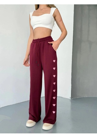 Freedom Store Kadın Osy Modal Yumuşak Dokulu Nakışlı Rahat Bol Paça Eşofman Pantolon - Bordo