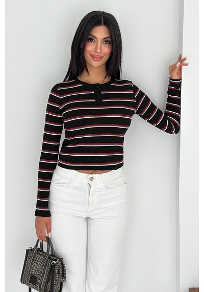 Noa & Noa Kadın Çizgili Düğme Detaylı Bluz Retro Stripe Siyah