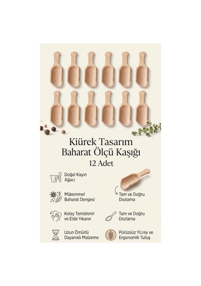 Kamptek Ahşap Baharat Ölçek Kaşığı Kürek Tasarım 12 Adet Küçük Boy Diğer