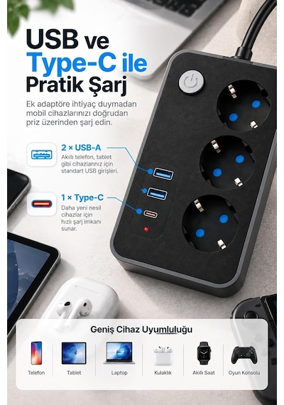 Tr Blic 3'lü Termal Akım Korumalı Uzatma Prizi 2 Metre Kablolu, 2 Usb + 1 Type-c Hızlı Şarj, Çocuk Korumalı, 0