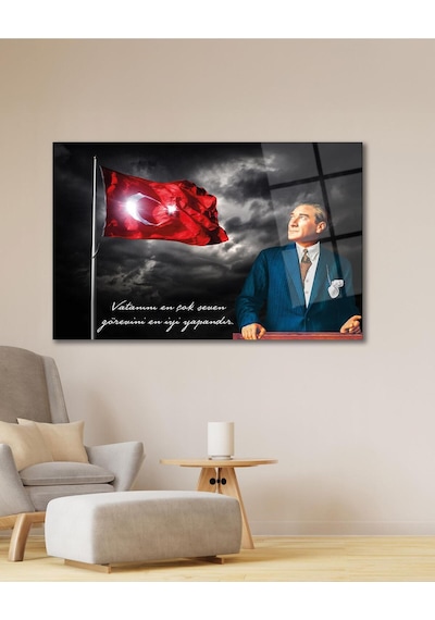 Türk Bayrağı Ve Atatürk Cam Tablo Vatanını En Çok Seven Modern Ev Ofis Salon Kurum Hediyelik Tablo