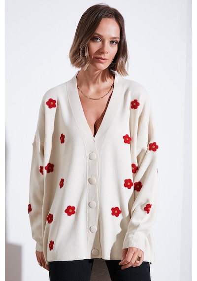 Lela Oversize Fit Çiçekli Düğmeli V Yaka Soft Akrilik Bayan Hırka 4616192 Krem