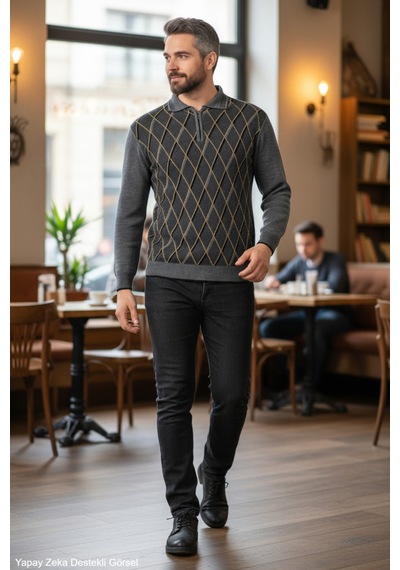 Kamalı Erkek Gri Tüylenme Yapmayan Anti Pilling Kumaş Standart Fit Normal Kesim Polo Yaka Triko Kazak