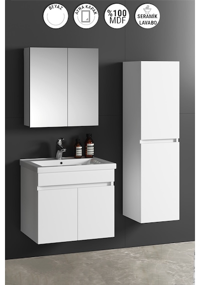 Çiğdem 55+35 Cm Beyaz Mdf Sepetli Asma Banyo Dolabı Takımı Beyaz