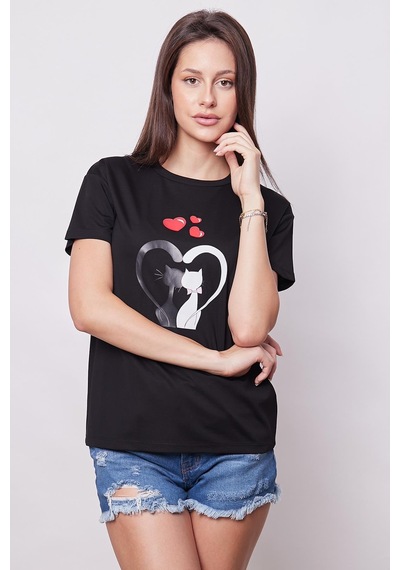 Jument Baskılı Sıfır Yaka Kırışmaz Span Karışımlı Şık Kısa Kol T-shirt Bluz- Siyah Kedi Kalp Desenli Kedi Kalp