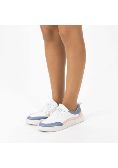 Twoegoist Kadın Hakiki Deri Spor Ayakkabı / Sneakers Beyaz - Mavi - Pembe