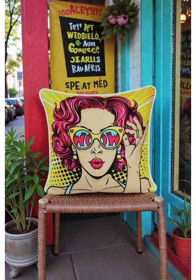 Kırlent Kılıfı Pop Art Figür Desenli 45x45 Raşel Örme Kadife Çift Taraflı Dijital Baskı Beyaz Biyeli Çok Renkli