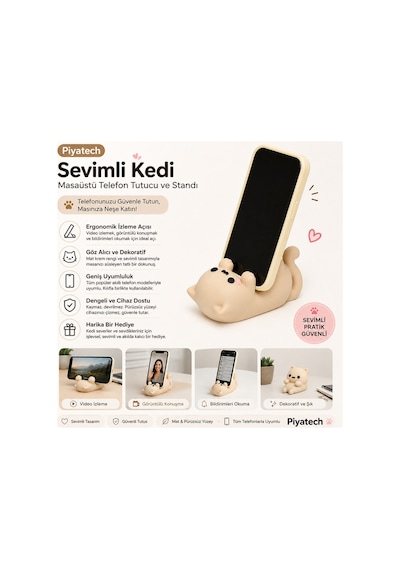 Sevimli Kedi Figürlü Telefon Tutucu Masa Üstü Dekoratif Telefon Standı, Ofis & Ev Aksesuarı Kahverengi