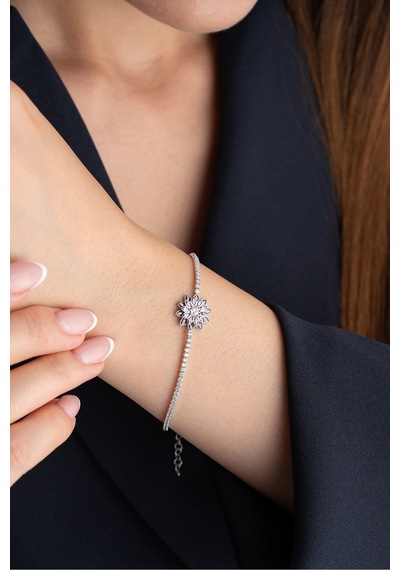 Çekirdekjewelry 925 Ayar Gümüş Mortaşli Lotus Çiçeği Figürlü Işıltılı Bileklik Gri