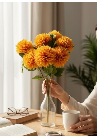Yapay Çiçek Krizantem Beyaz Renk Kartopu Büyük Boy 7 Toplu 40cm Somon