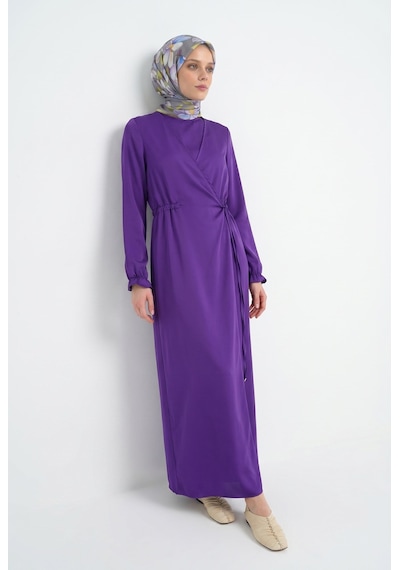 Armine Trend Kolları Lastikli V Yaka Detaylı Elbise Mor 25yt944