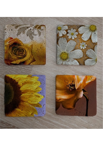 Sarı Gül Ve Çiçekler Doğal Taş Bardak Altlığı 4'lü Set - Natural Stone Coasters - Taş Sarı