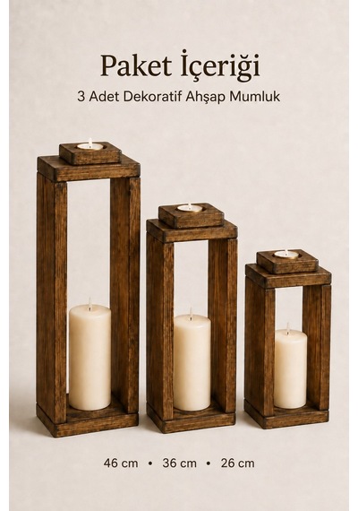 3'lü Dekoratif Ahşap Mumluk Seti, Tealight Mumluk Lüks Mum Salon Balkon Mumluğu Ahşap Ahşap