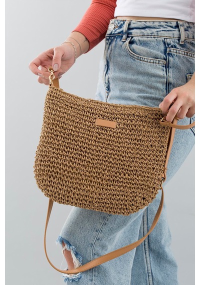 Portföy Clutch Fermuarlı Astırlı Cepli Ayarlanabilir Deri Askılı İthal Örgü Hasır Yazlık Tatil Çanta Camel