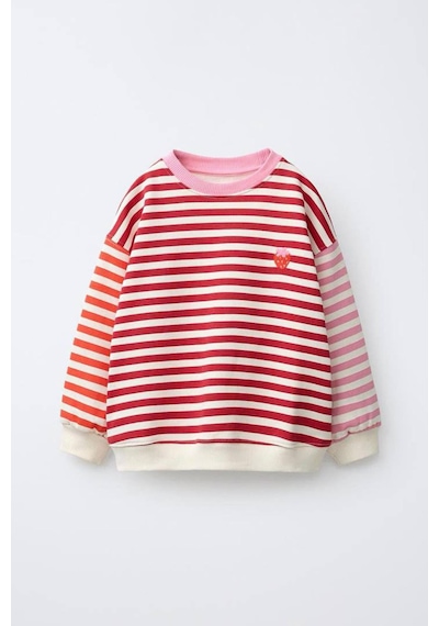 Minigimin Cicileri Çizgili Çilek Nakışlı Oversize Kız Çocuk Sweatshirt - Kırmızı