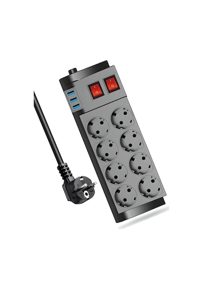 2 Metre 8 Li Grup Priz 3 Usb Portlu, Termal Ve Aşırı Akım Koruması, Ev Ofis Çoklu Uzatma Kablosu 2 M