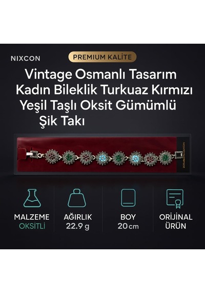 Vintage Osmanlı Tasarım Kadın Bileklik Turkuaz Kırmızı Yeşil Taşlı Oksit Gümüş Görünümlü Şık Takı Antik Gümüş