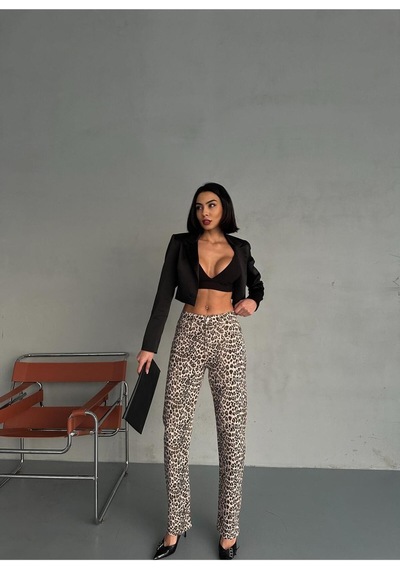 Leopar Desenli Straıght Boru Paça Likralı Pantolon Bej