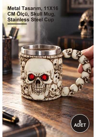 5 Adet Paslanmaz Çelik Kurukafa Kupa Bardak Metal Tasarım, 11x16 Cm Ölçü, Skull Mug, Stainless Steel Cup
