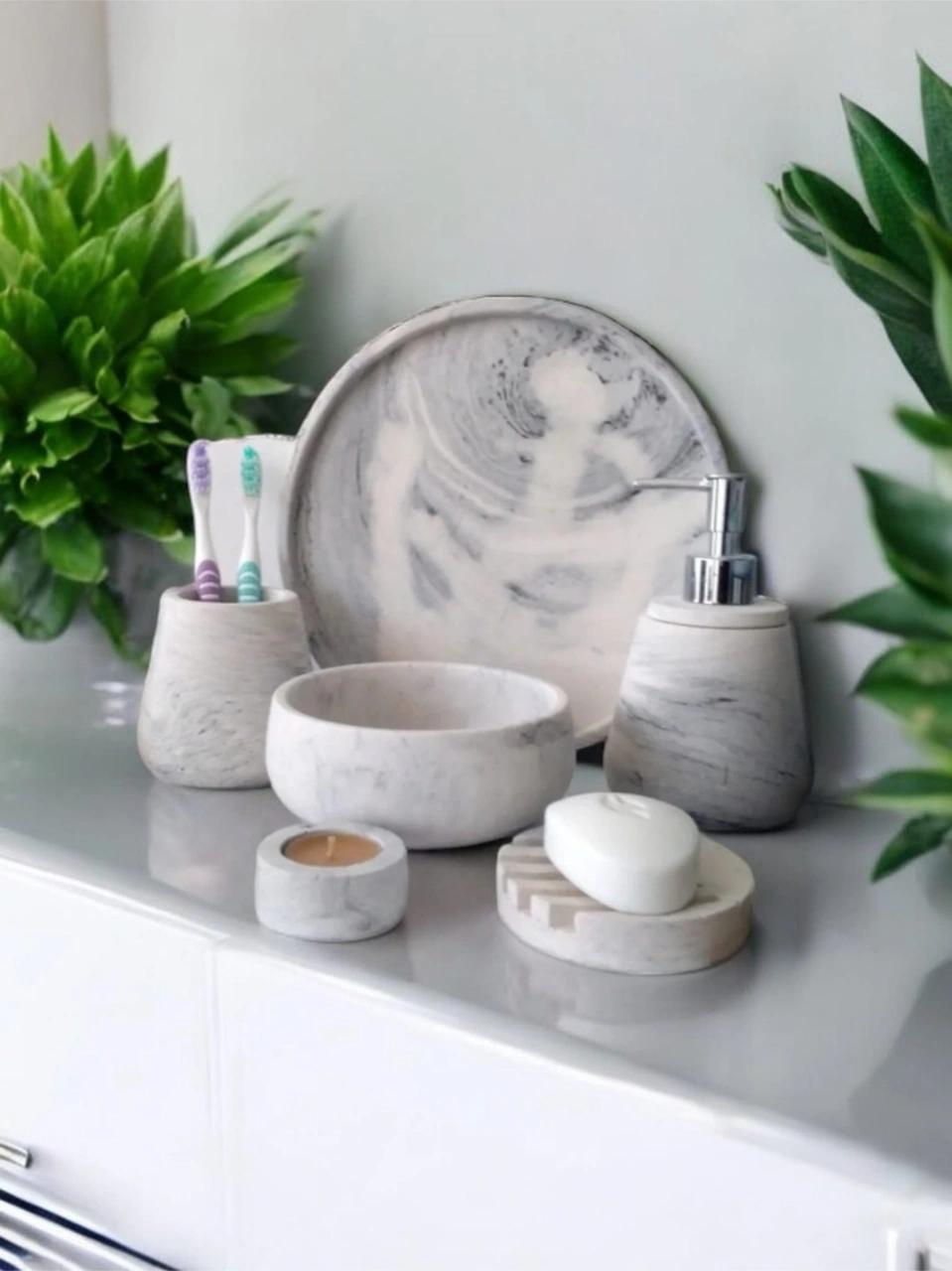 6'lı Mermer Desen Beton Banyo Seti ,sabunluk,diş Fırçalığı,aksesuar,havluluk,tepsi,mumluk,dekorasyon Gri