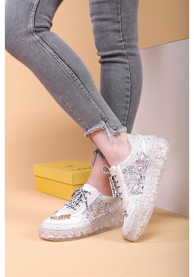 Astra Taşlı Desenli Şeffaf Taban Beyaz Renkli Kadın Sneaker-beyaz Beyaz