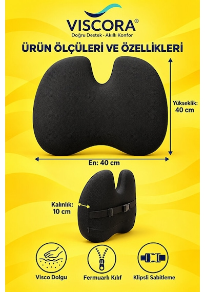 Araba Sırt Minderi Ofis Koltuğu Ve Ev İçin Visco Kelebek Klipsli Bel Destek Yastığı Siyah