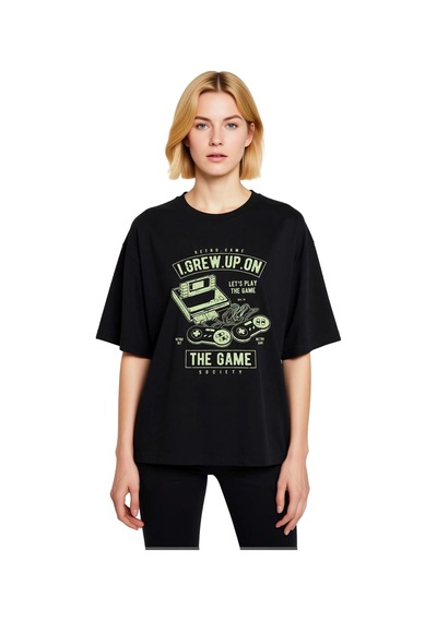 Paybuy Retro Oyun Nostaljisi Baskılı Kadın Oversize Tişört Siyah