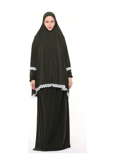 Altobeh Kadın İki Parça Likra Sandy Kumaş Dantelli Kollu Namaz Elbisesi Haki Antrasit