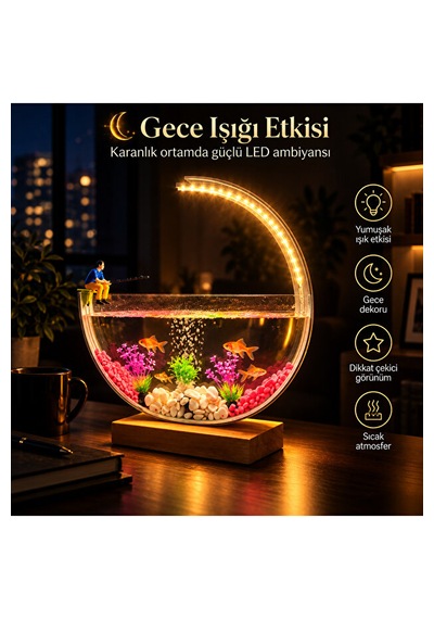 Led Işıklı Dekoratif Masaüstü Akvaryum Yarım Ay Tasarım Hava Kabarcıklı Balık