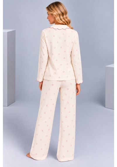 Pijamask Kadın Çiçek Desenli Bebe Yaka Düğmeli Uzun Kollu Müslin Pijama Takımı Ekru
