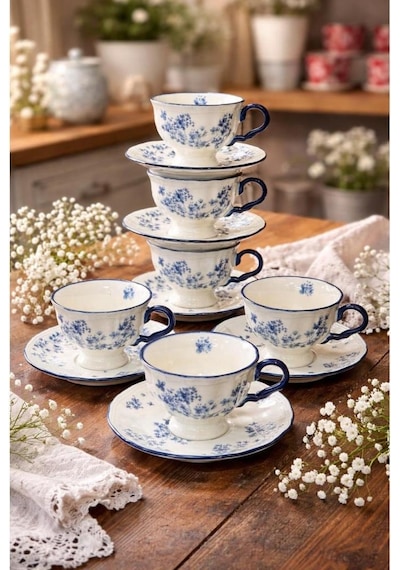 Acar Vintage Garden 6 Kişilik Çay Fincan Takımı Chr-09551 Mavi
