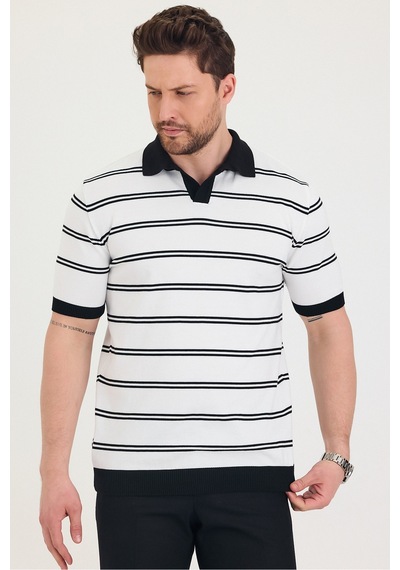 Cool Tarz Erkek Polo Yaka Beyaz Çift Çizgi Detaylı Siyah Triko T-shirt Beyaz Beyaz