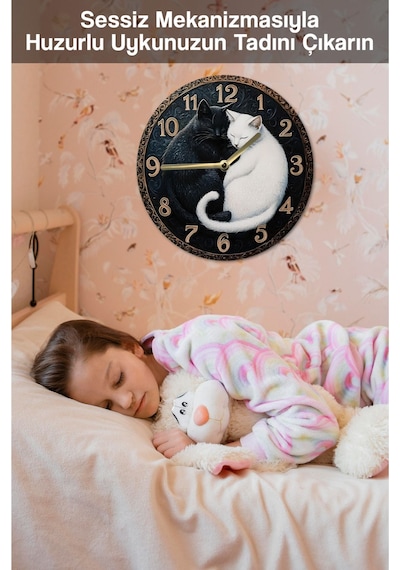 Siyah Ve Beyaz Kedi Figürlü Mdf Duvar Saati Çift Katmanlı Sessiz Mekanizmalı 33 Cm Sdw033 Renkli