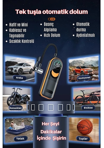 Aimod Airslim Mini Taşınabilir Şarjlı Araba Hava Kompresörü Led Işıklı Oto Araç Lastik Top Şişirme Pompası Kablosuz