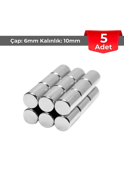 Neohobi 5 Adet Neodyum Mıknatıs Çap: 6mm Kalınlık: 10mm D6x10 Ndfeb Güçlü Mıknatıs Yuvarlak N006
