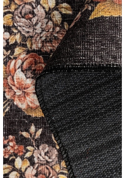 Artloop Florart Siyah Vintage Dokulu Gül Desenli Dokuma Tabanlı Çiçekli Şönil Halı Al 484