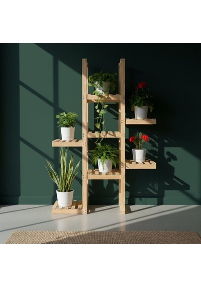Modern Ahşap Saksılık Çiçeklik - 120 Cm Boyutunda 7 Katlı Merdiven Çiçeklik - Dekoratif Saksı Rafı Bej