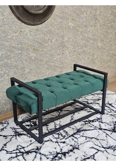 Zafir Siyah Boyalı Metal 80 Cm Puf Bench - Antre Puf - Hol Bench - Puf - Oturak - Bench Yeşil