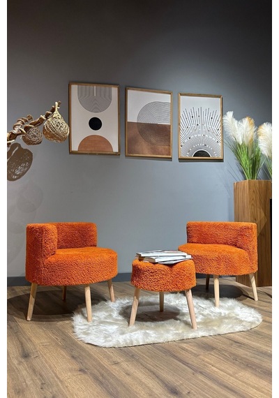 Elegant Comfort Tarçın Rengi Çay Seti Ve Peluş Ikili Berjer & Puf Takımı - 3'lü Set