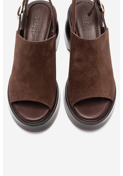 Luvishoes Power Kahverengi Süet Hakiki Deri Kadın Dolgu Topuklu Sandalet Kahverengi