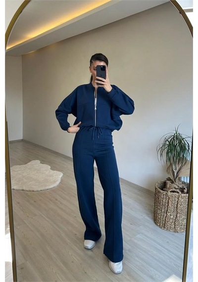 Neşeli Butik Kadın Fermuarlı Oversize Sweat Ve Yüksek Bel Eşofman Takımı Nm018 Lacivert