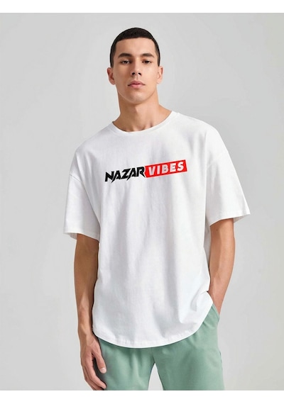 Unisex Oversize Nazar Baskılı T-shirt Beyaz-64530