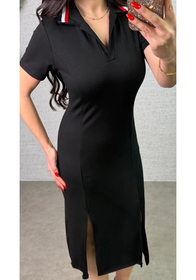 Veraura Lifestyle Kadın Polo Yaka Çift Yırtmaç Detay Modal Kumaş Midi Boy Elbise Siyah