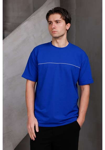 Erkek Garnili Şeritli Oversize Bisiklet Yaka 2 İki İplik Kompakt T-shirt Saks