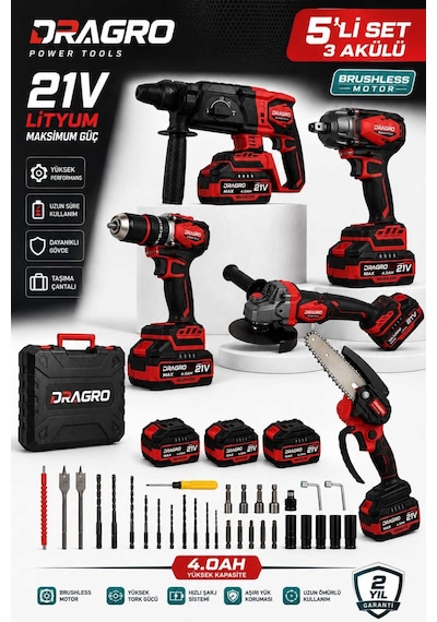 Dragro Drg-21vd Darbeli Kömürsüz K-kırıcı Delici Hilti & Taşlama & Matkap & Somun Sıkma Sökme Dal Budama 5 Li Set 3 Akülü
